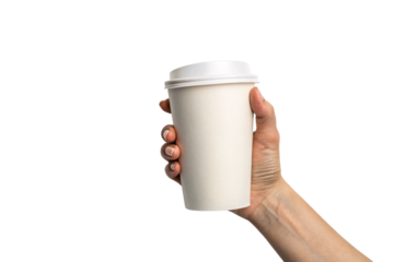 Minimalistic white coffee cup in a hand, with natural nails and clean design, focusing on simplicity, practicality, and environmentally friendly choices. Isolated on a transparent background