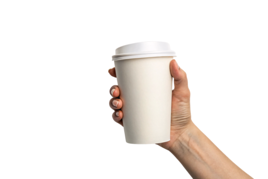 Minimalistic white coffee cup in a hand, with natural nails and clean design, focusing on simplicity, practicality, and environmentally friendly choices. Isolated on a transparent background
