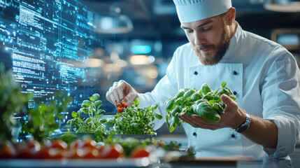 chef in modern kitchen carefully arranges fresh herbs and vegetables, showcasing blend of culinary art and technology. vibrant colors and futuristic backdrop enhance creative atmosphere