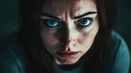 Fototapeta premium A woman with blue eyes and a red nose. Generative AI
