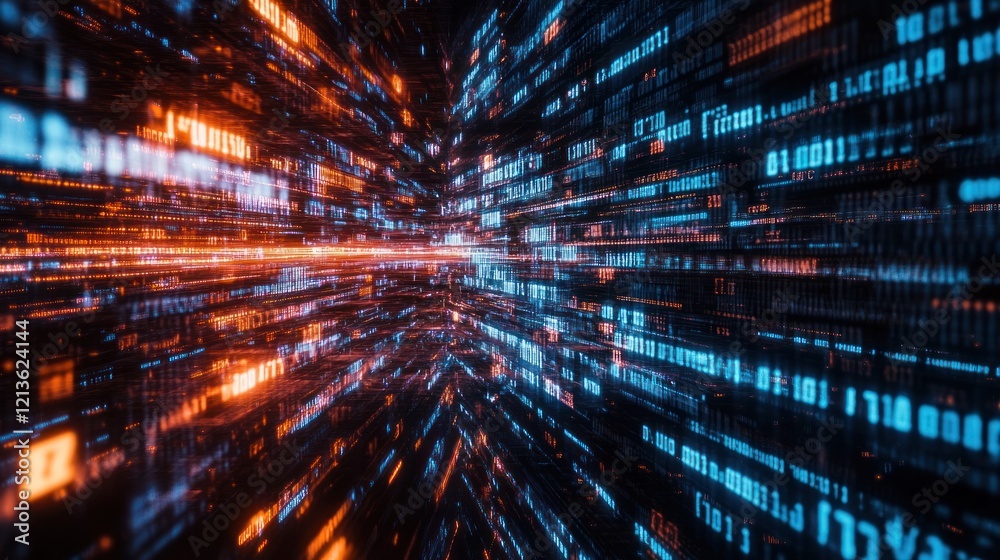 Poster digital data stream flowing, futuristic tunnel, binary code, background glow, tech concept