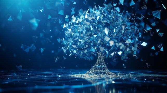 technological tree of life, shimmering polygon foliage, scattered data crystals, deep blue environment, illuminated energy base, floating digital fragments, mirror surface reflection, abstract