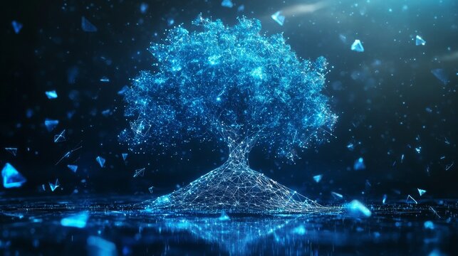 technological tree of life, shimmering polygon foliage, scattered data crystals, deep blue environment, illuminated energy base, floating digital fragments, mirror surface reflection, abstract