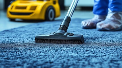 A vacuum cleaner head cleaning a deep blue carpet, showcasing professional cleaning tools in action. The image highlights cleanliness and efficiency in a domestic or commercial setting