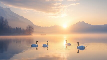 Serene sunrise over calm lake with four graceful swans swimming peacefully, mountains in background.