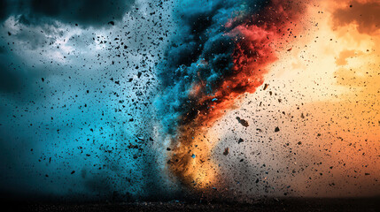 powerful tornado forms amidst dramatic sky, with debris swirling in vibrant blue and orange hues, evoking chaos and energy