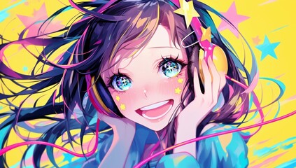 Fototapeta premium Vibrant Anime Girl with Headphones and Bright Colors, Expressing Joy and Energy Amidst Playful Star Patterns and Artistic Background