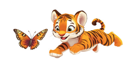 Obraz premium Cartoon tiger cub isolated on white background, cute orange striped baby feline illustration
