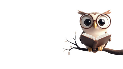 Fototapeta premium A friendly cartoon owl with round glasses perched on a branch, holding a book, on a plain white background.