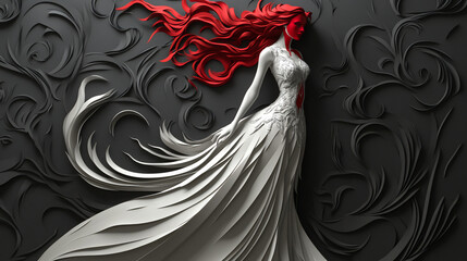 Elegant woman in white dress with flowing red hair against dark ornate background.