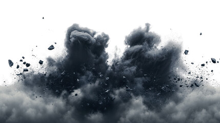 Fototapeta premium Abstract illustration of black explosion or natural disaster with smoke clouds, stones fragments, flying up embers isolated on gray background. Banner for military operations, catastrophes, war games 