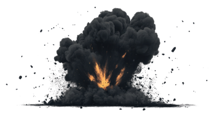 Abstract illustration of black explosion or natural disaster with smoke clouds, stones fragments, flying up embers isolated on gray background. Banner for military operations, catastrophes, war games 