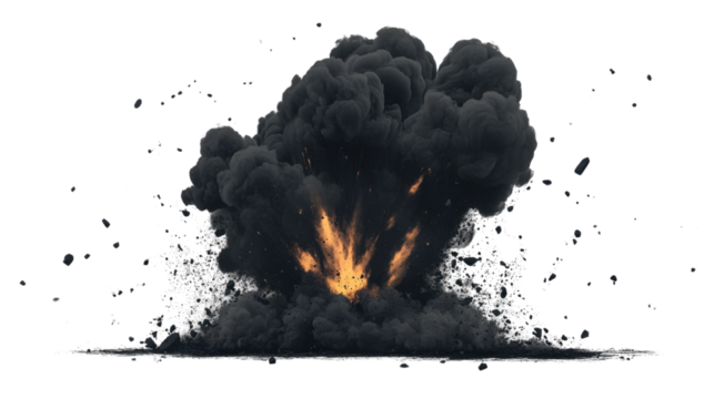 Abstract illustration of black explosion or natural disaster with smoke clouds, stones fragments, flying up embers isolated on gray background. Banner for military operations, catastrophes, war games 