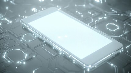 clean white smartphone display, futuristic circuit layout, ethereal hexagon grid, glowing digital interface, elegant gray gradient atmosphere, advanced technology concept, professional product
