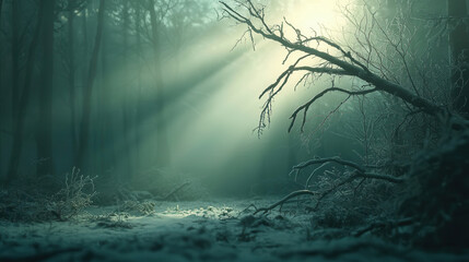 Obraz premium serene forest scene with sunlight streaming through misty trees, illuminating frosted branches and tranquil snowy ground