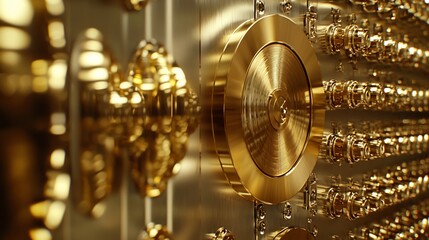 Close-up of a gold vault door with intricate details and a large central dial.
