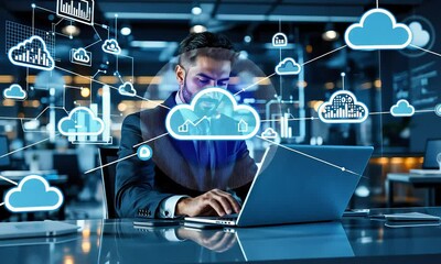 Businessman working on laptop with digital cloud network interface overlay - Powered by Adobe