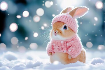 Fototapeta premium Adorable rabbit wearing cozy pink hat and sweater in a snowy landscape with sparkling bokeh lights creating a whimsical winter scene