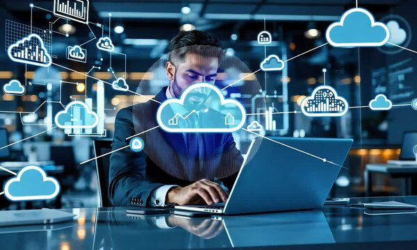 Businessman working on laptop with digital cloud network interface overlay