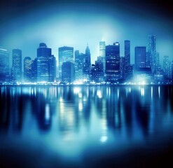 Fototapeta premium Stunning Night Cityscape Reflection of Modern Buildings in a Glossy River Under a Breathtaking Blue Twilight Sky with Bright Illuminations and Soft Light Effects