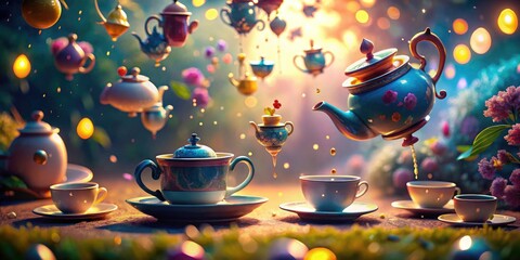Bokeh-drenched Wonderland fantasy: teapots, teacups soar, a whimsical, surreal dream.