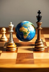 Global Strategy: Chess Pieces and Earth Globe in Dramatic Lighting