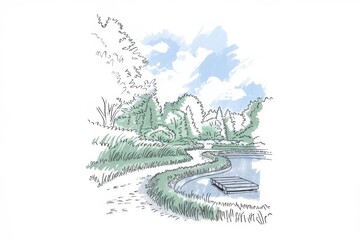 Serene Lakeside Path Winding Through Lush Green Foliage