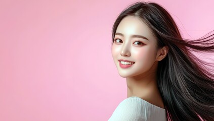 Fototapeta premium Young woman with long hair smiling and looking back against a soft pastel pink background, showcasing joy and elegance in a serene portrait style