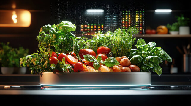 futuristic kitchen scene featuring vibrant fresh ingredients, including tomatoes, herbs, and greens, illuminated by modern technology, creating lively and inviting atmosphere