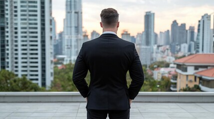 Fototapeta premium Businessman overlooking cityscape, contemplating future success