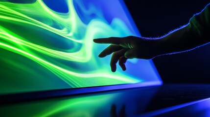 Fototapeta premium digital device demonstration setup, luminous green display panel, electric blue background lighting, professional hand interactions, sleek black table surface, advanced presentation environment,