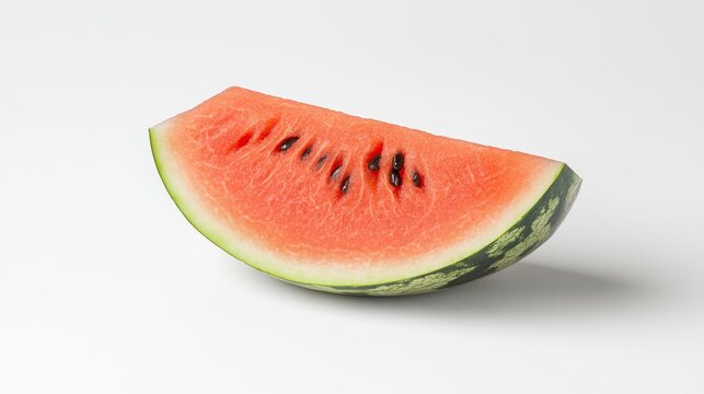 A vibrant red slice of juicy watermelon on a clean white background, showcasing its refreshing texture and summery appeal.