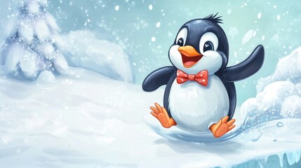 Obraz premium A cartoon penguin wearing a tiny bow tie, sliding on ice with an excited and adorable expression.