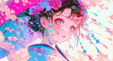 Naklejka premium Young woman in traditional kimono holds a vibrant umbrella surrounded by cherry blossoms, showcasing beauty, elegance, and cultural heritage in a pastel color palette