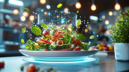 futuristic restaurant scene featuring artistic gourmet dish with vibrant ingredients and holographic effects. atmosphere is lively and modern, showcasing culinary innovation