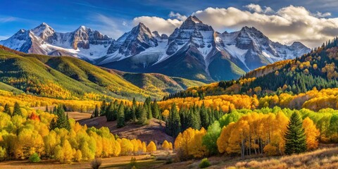 Obraz premium Capture breathtaking fall colors in the Colorado Rockies. Hike scenic trails amidst golden aspen groves.