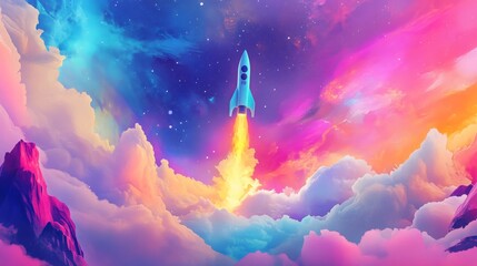Naklejka premium A rocket ascends through a stunning array of colorful clouds, trailing bright flames. The sky is filled with vibrant hues of pink, blue, and purple, creating a captivating and dreamlike atmosphere.