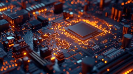 Obraz premium A close-up view of Bitcoin mining on a graphic card reveals intricate technology of mainboard, serving as a crucial backdrop for computer operations, showcasing abstract and complex nature of digital