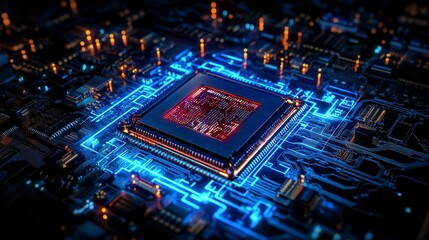 Obraz premium central processing core visualization, radiant binary matrix display, branching circuit pathways, luminous azure technology glow, advanced microprocessor design, geometric data node pattern, deep