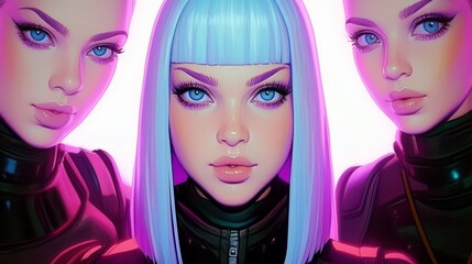 Naklejka premium Trendy futuristic portrait of three stylized women with vibrant blue hair and mesmerizing eyes in sleek black outfits against a glowing background