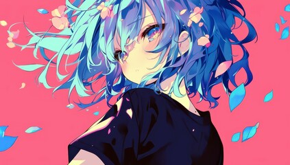 Naklejka premium Dreamy Anime Girl with Blue Hair Surrounded by Colorful Petals and Soft Pink Background