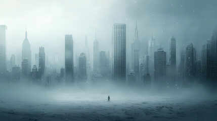 lone figure stands in snow covered, abandoned cityscape engulfed by snowstorm, evoking haunting and desolate atmosphere
