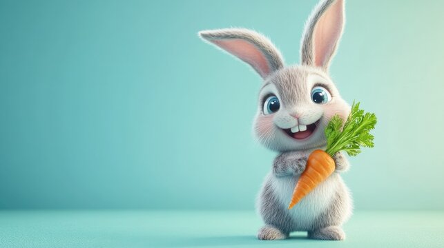 A cute cartoon bunny holding a carrot, with floppy ears and a joyful smile, hopping in place.  - Powered by Adobe