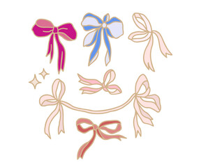 Vintage romantic hand drawn gift ribbons and bows line art illustration elements for decoration