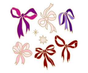 Vintage romantic hand drawn gift ribbons and bows line art illustration elements for decoration