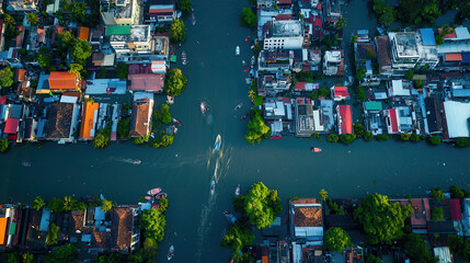 aerial view of city surrounded by floodwaters, with boats navigating through streets and vibrant rooftops creating striking contrast