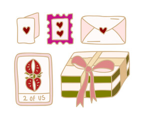 Vintage romantic hand drawn strawberry tarot card, gift box, love letters, stamps, line art illustration elements