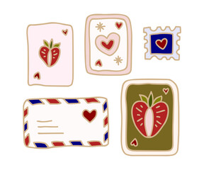 Vintage romantic hand drawn strawberry tarot card, gift, love letters, stamps, line art illustration elements