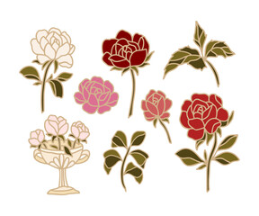 Romantic hand drawn rose, peony flower, and leaf branch clip art illustration elements