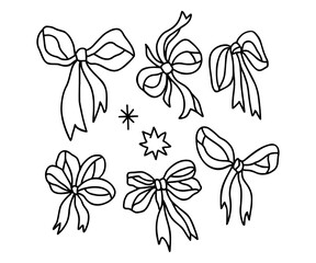 Vintage romantic hand drawn gift ribbons and bows line art illustration elements for decoration